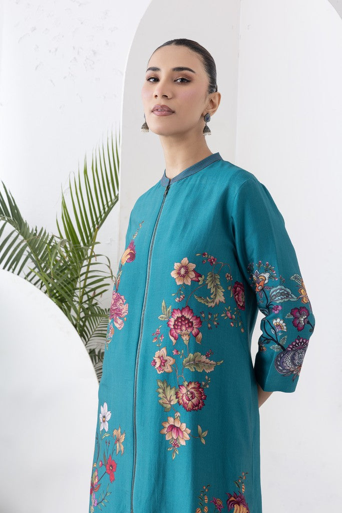 Emerald Silk Chanderi Floral Printed Front-Zip Dress (1 PC)