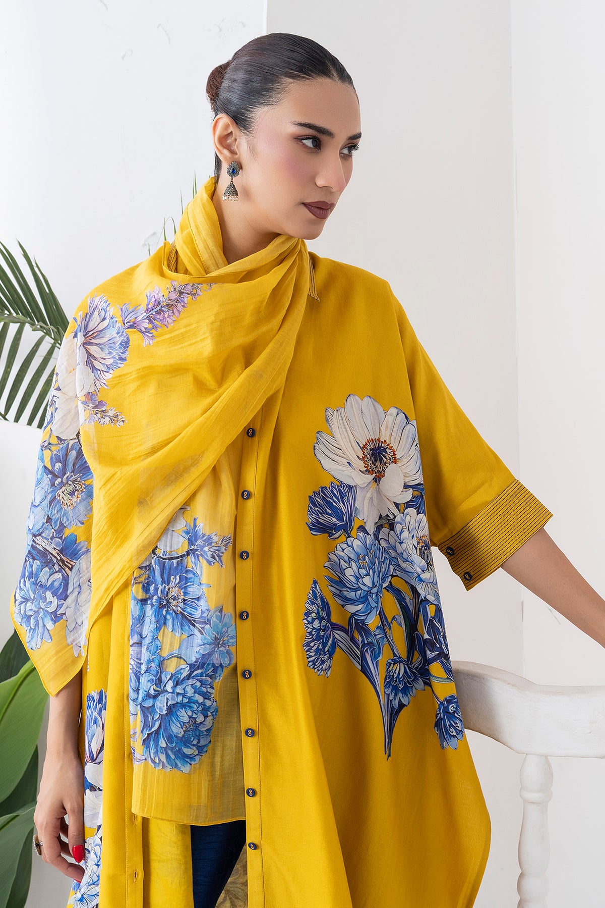 Yellow Silk Chanderi Front Open Kaftan Style Printed Dress (1 PC)