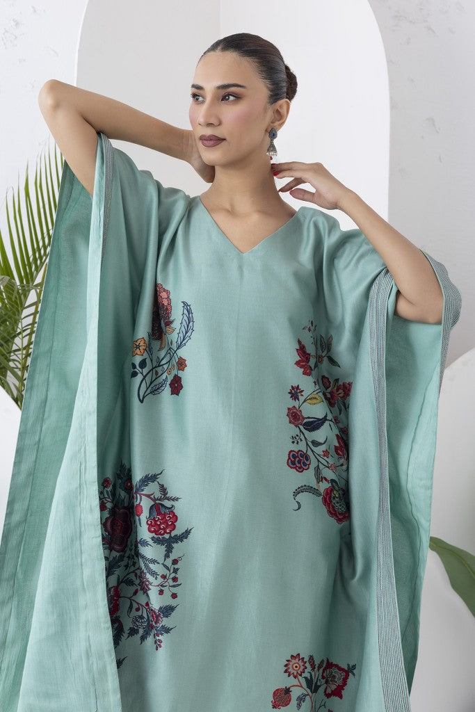 Mint Silk Chanderi Chintz Printed Kaftan (1 PC)