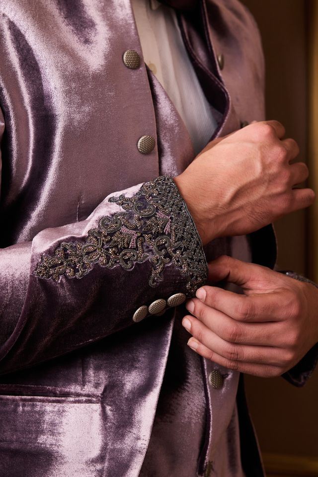 Lilac Embroided Coat and Vest With Pant