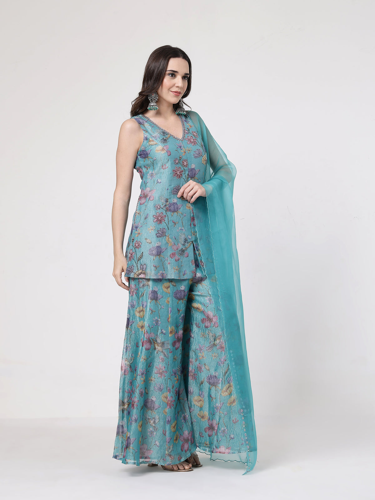 Turquoise Floral Sharara Set