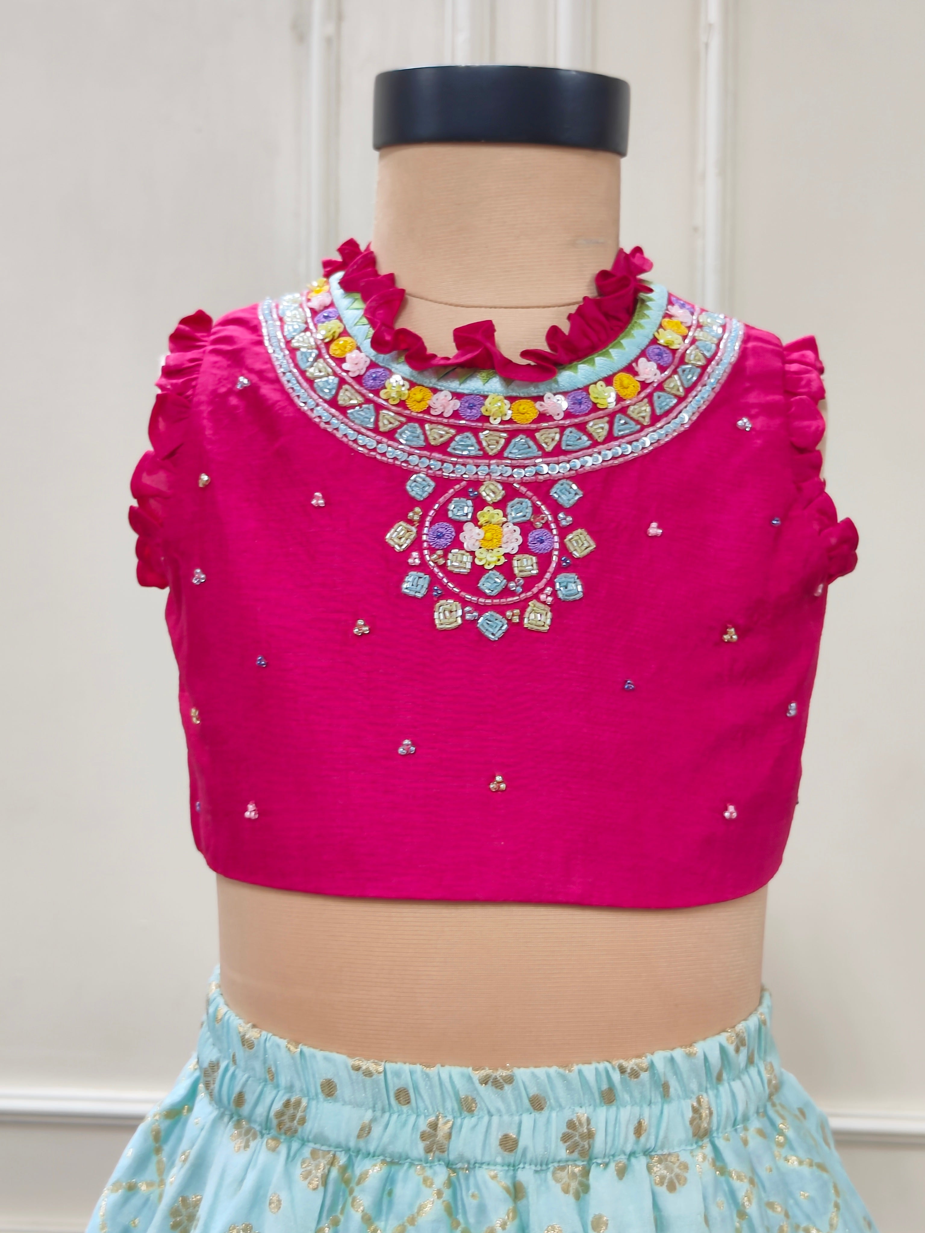Blue and Pink Necklace embroidered Ghaghra