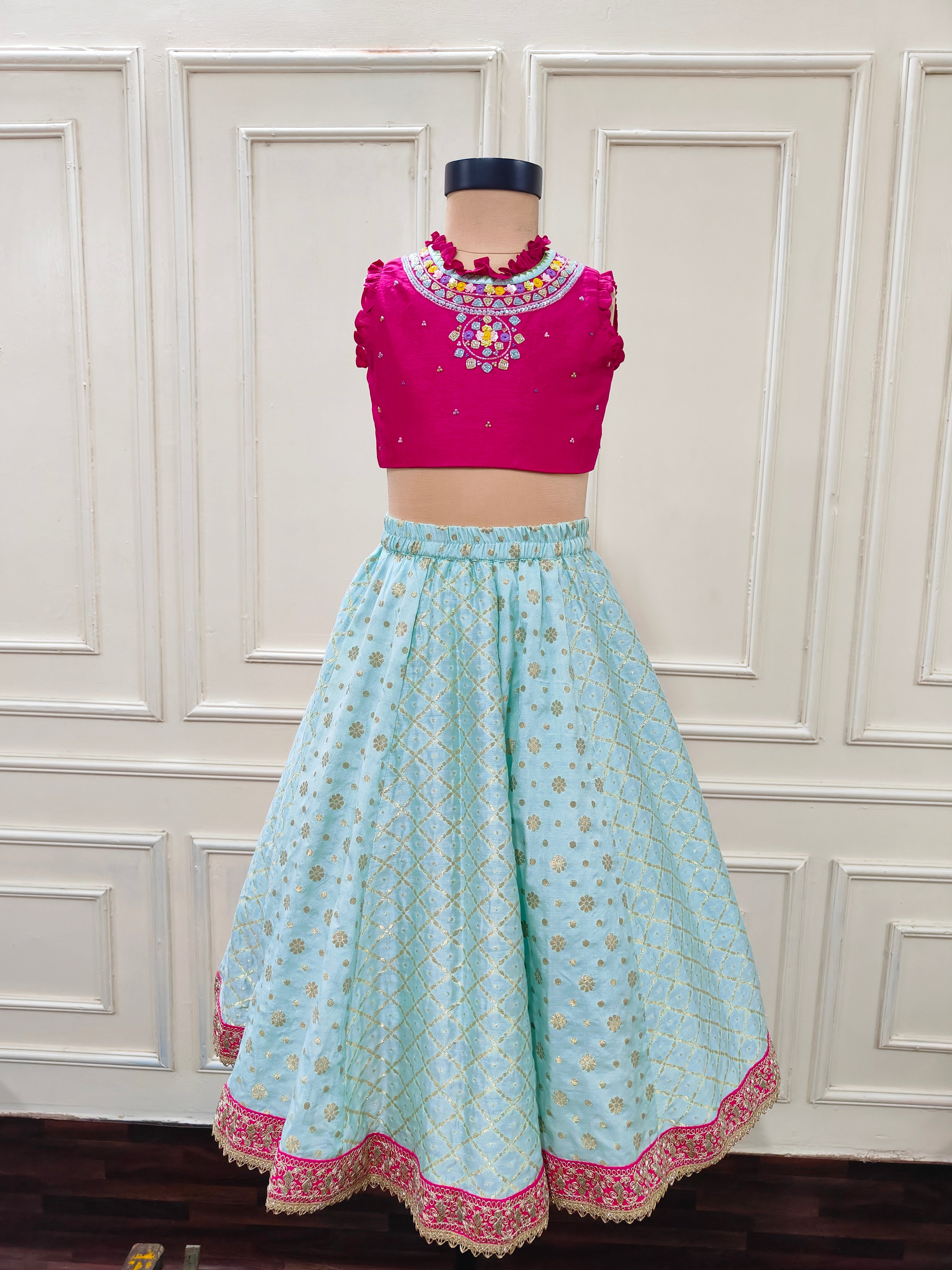Blue and Pink Necklace embroidered Ghaghra