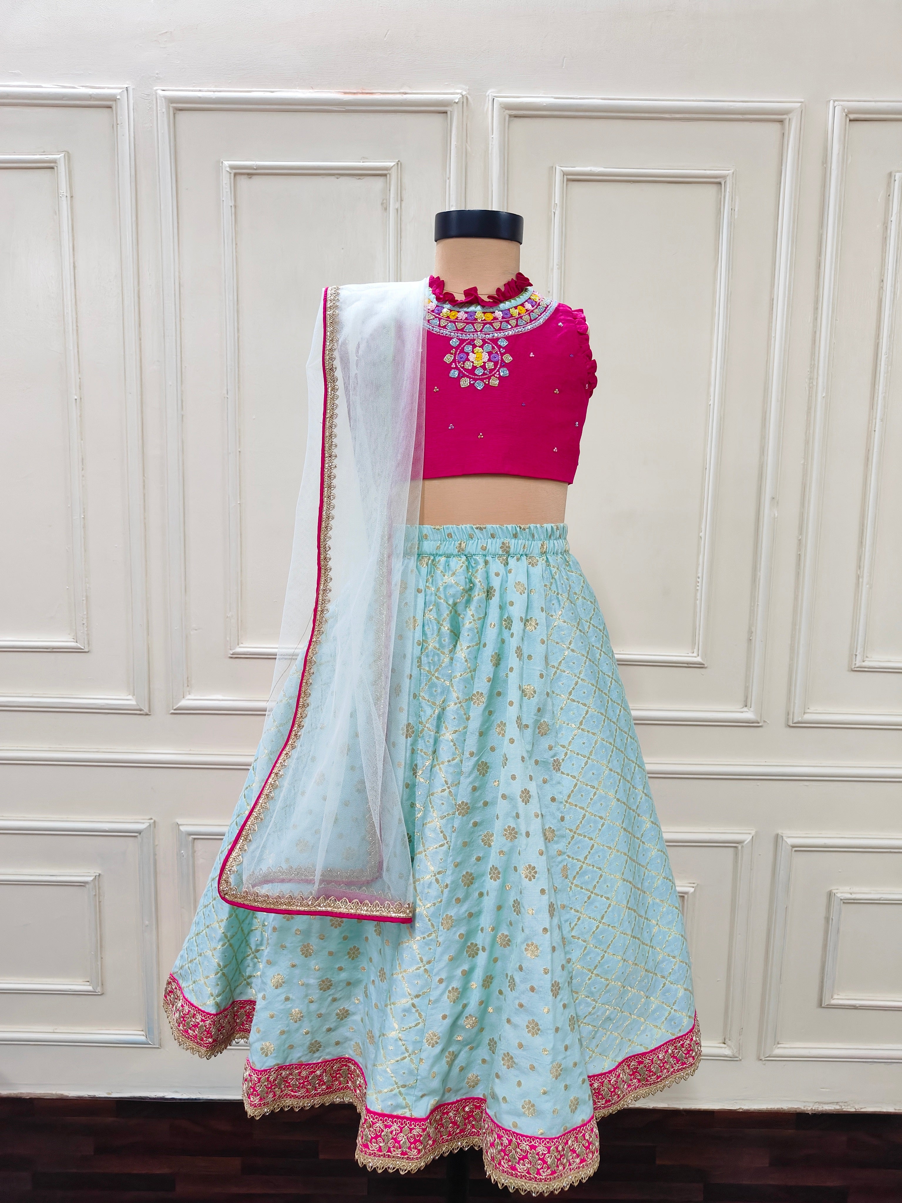 Blue and Pink Necklace embroidered Ghaghra