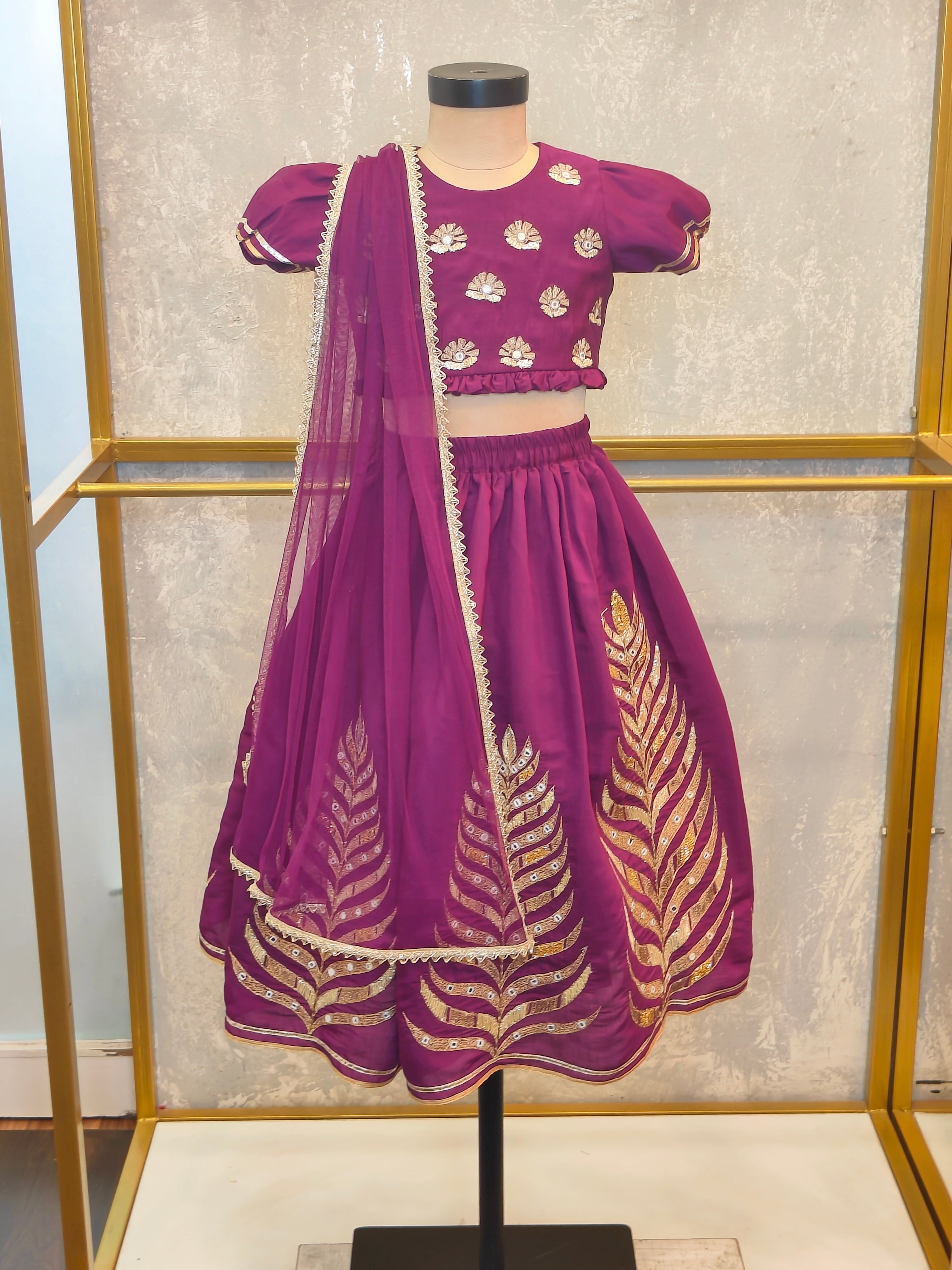 Purple Embroidery Puff Sleeve Ghaghra set