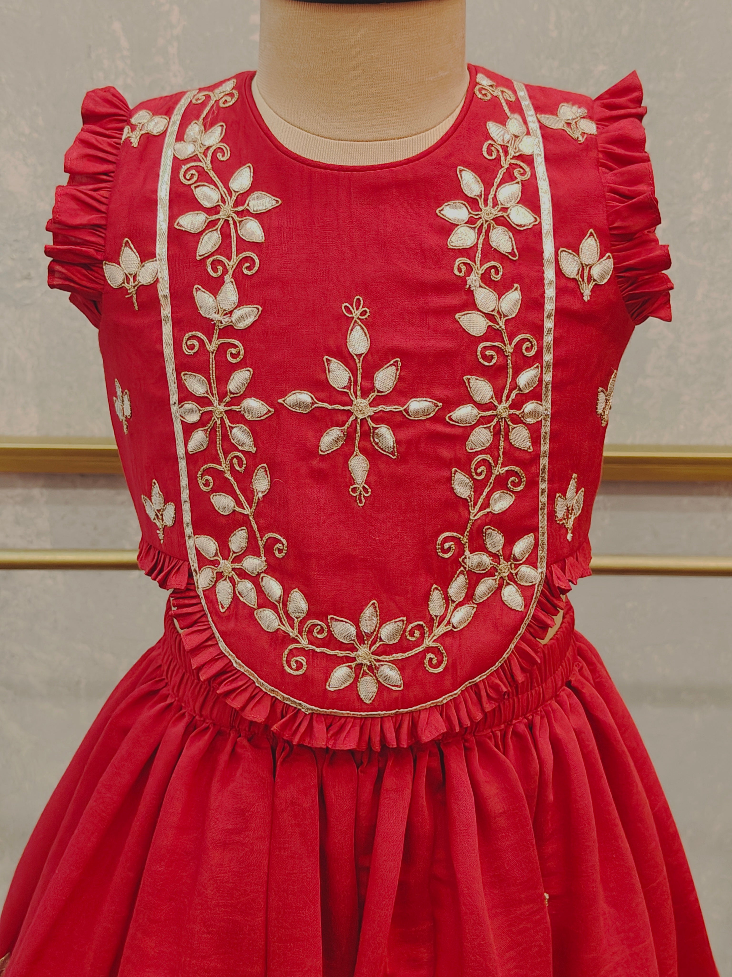 Red Embroidered Sleeveless Ghaghra Set