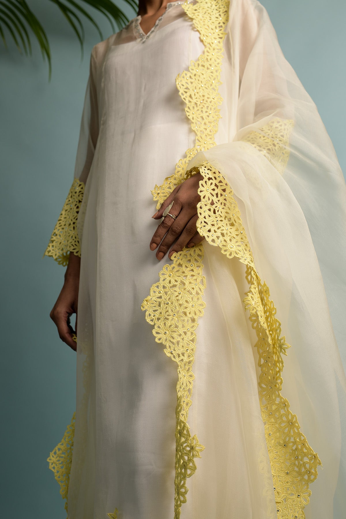 A-line Organza Creame With Yellow Kurta