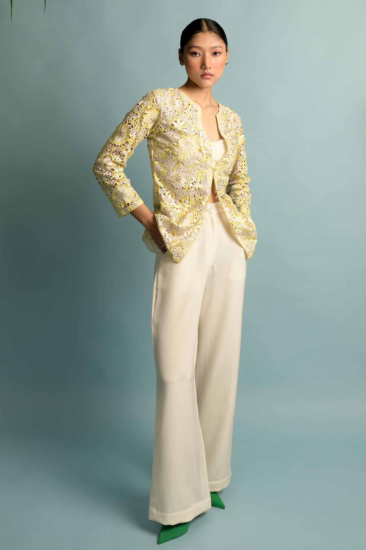 Yellow And White Embroidery Jacket