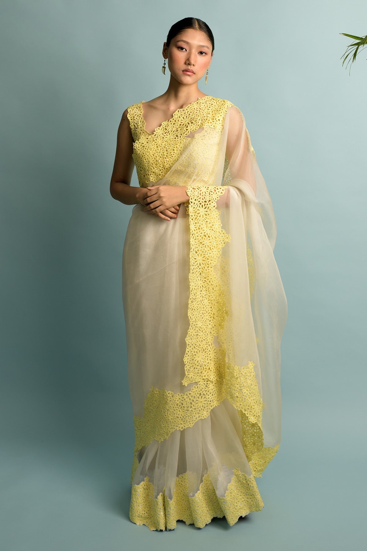 Organza Saree With Hand Cut White With Yellow Embroidered Border