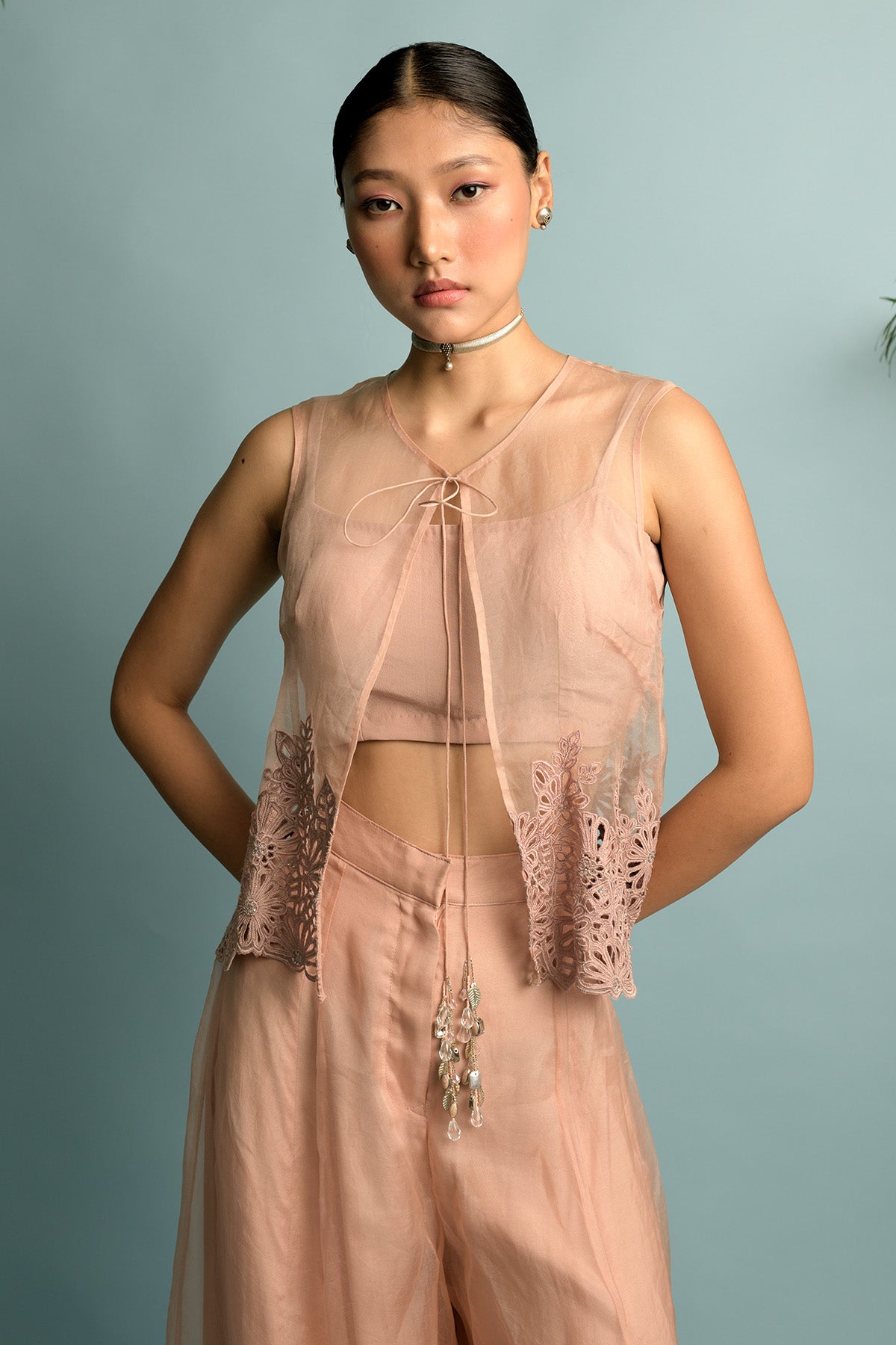 Salmon Pink Sheer Organza Short Jacket With Salmon Pink Embroidery
