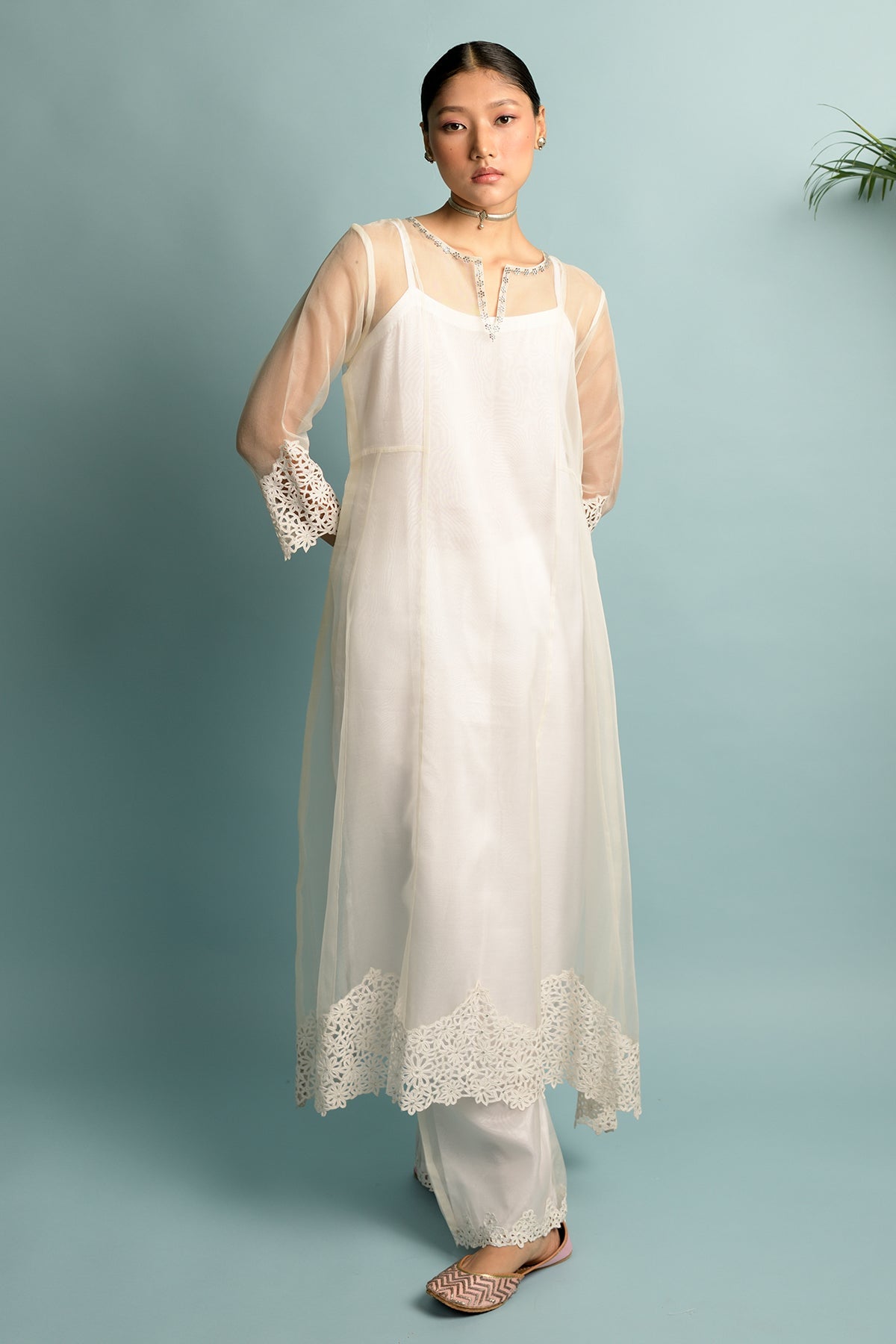 A-Line Organza White  Kurta