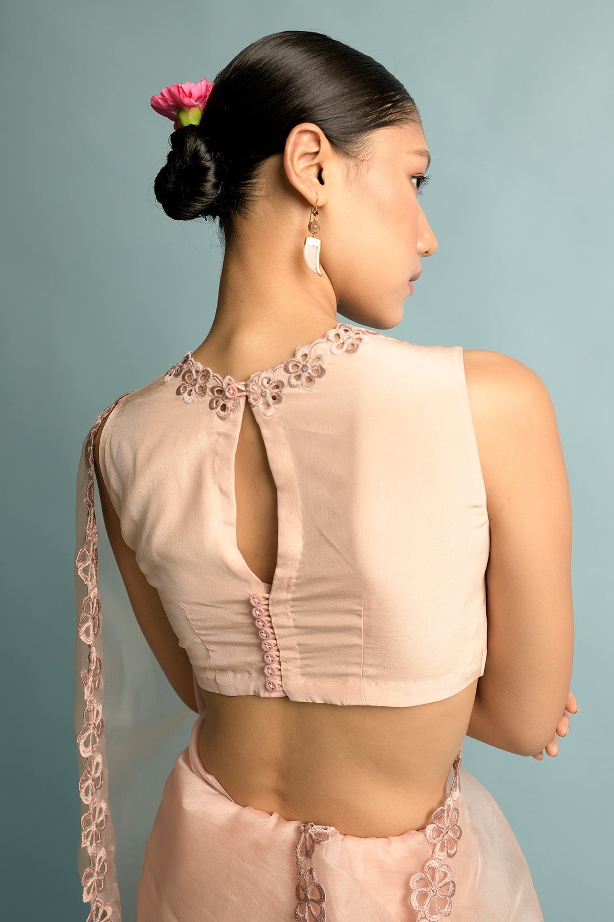Salmon Pink Organza Saree With Salmon Pink Embroidery