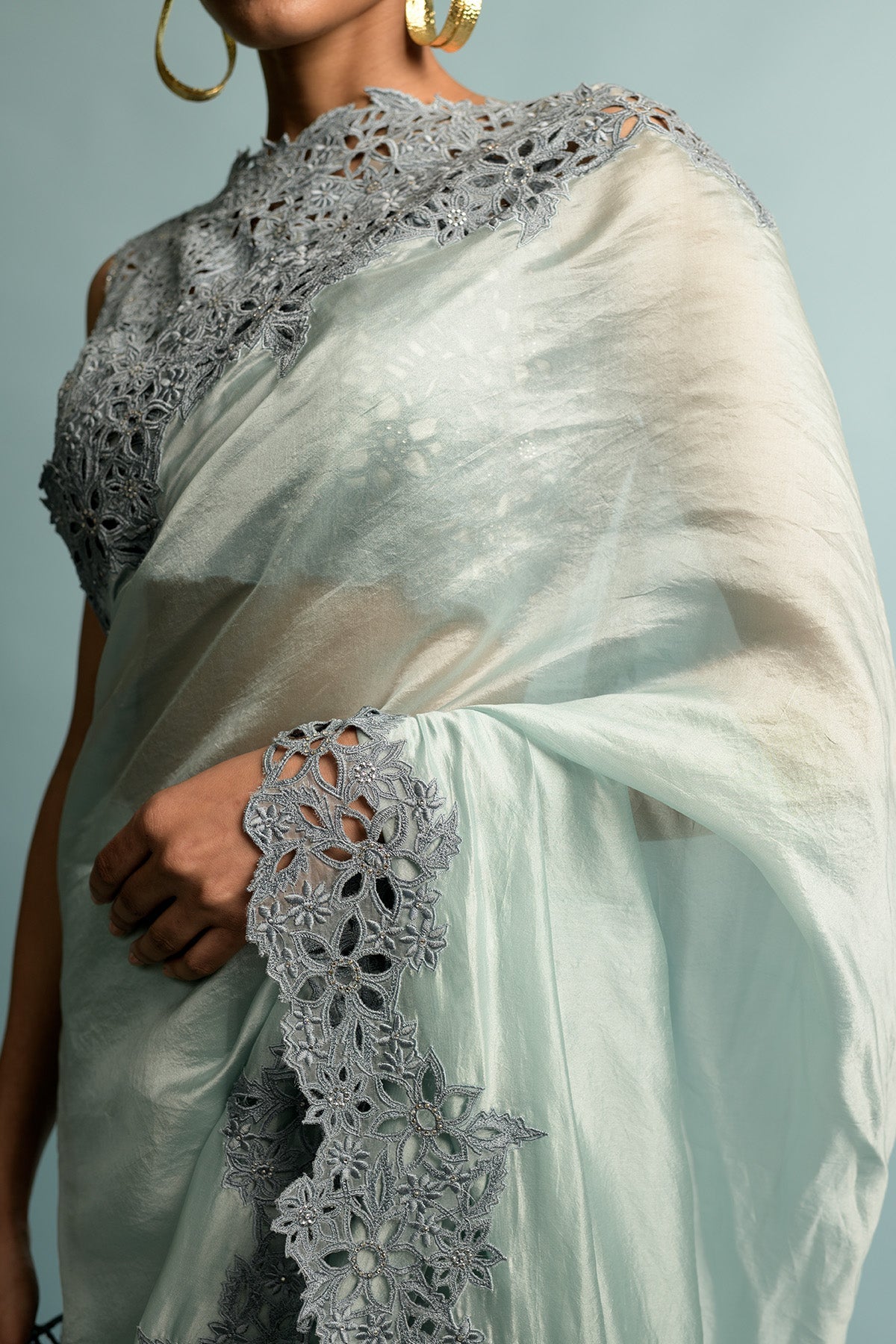 Grey Blue Organza Saree And Blouse Embroidery
