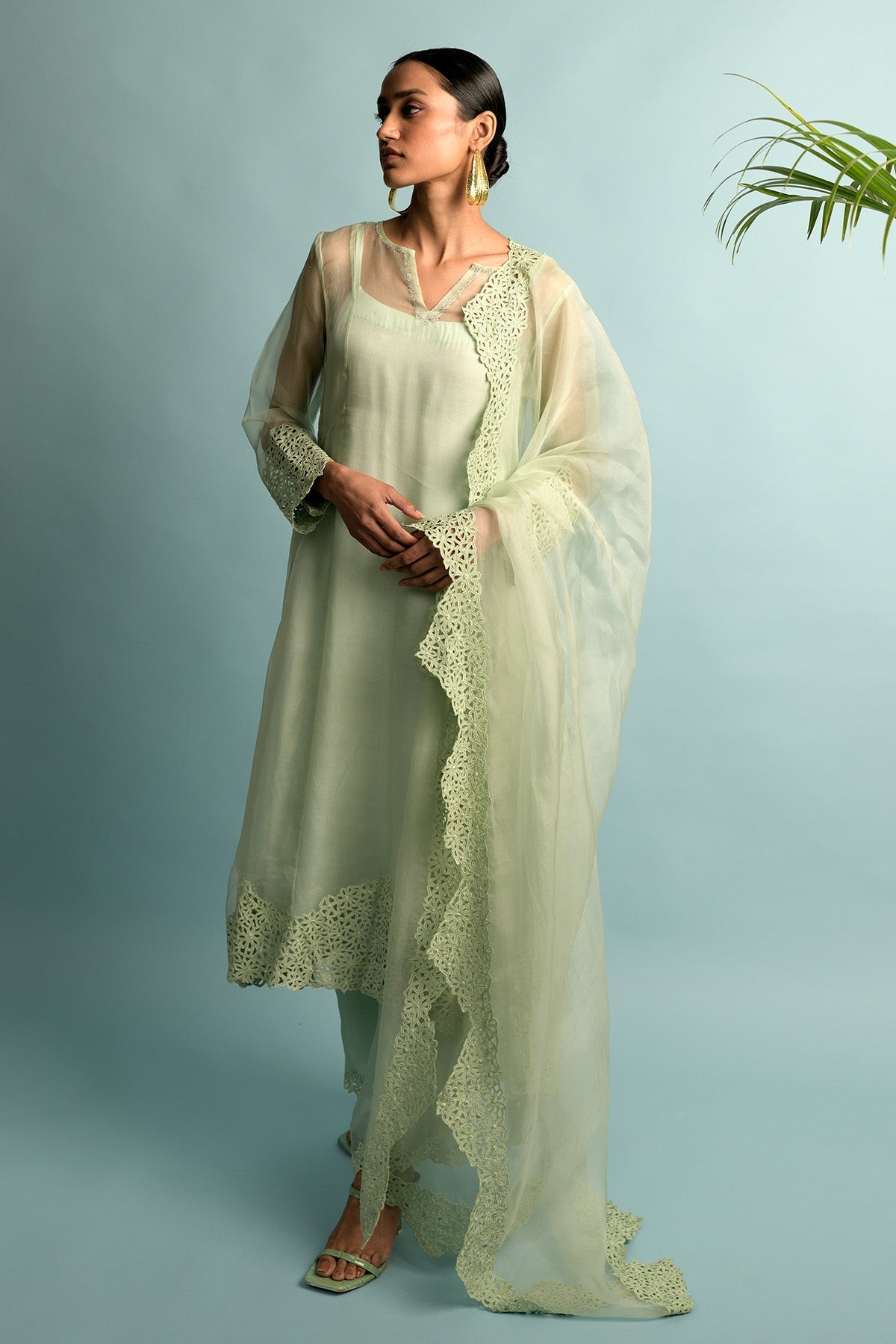 A-Line Organza Green Kurta