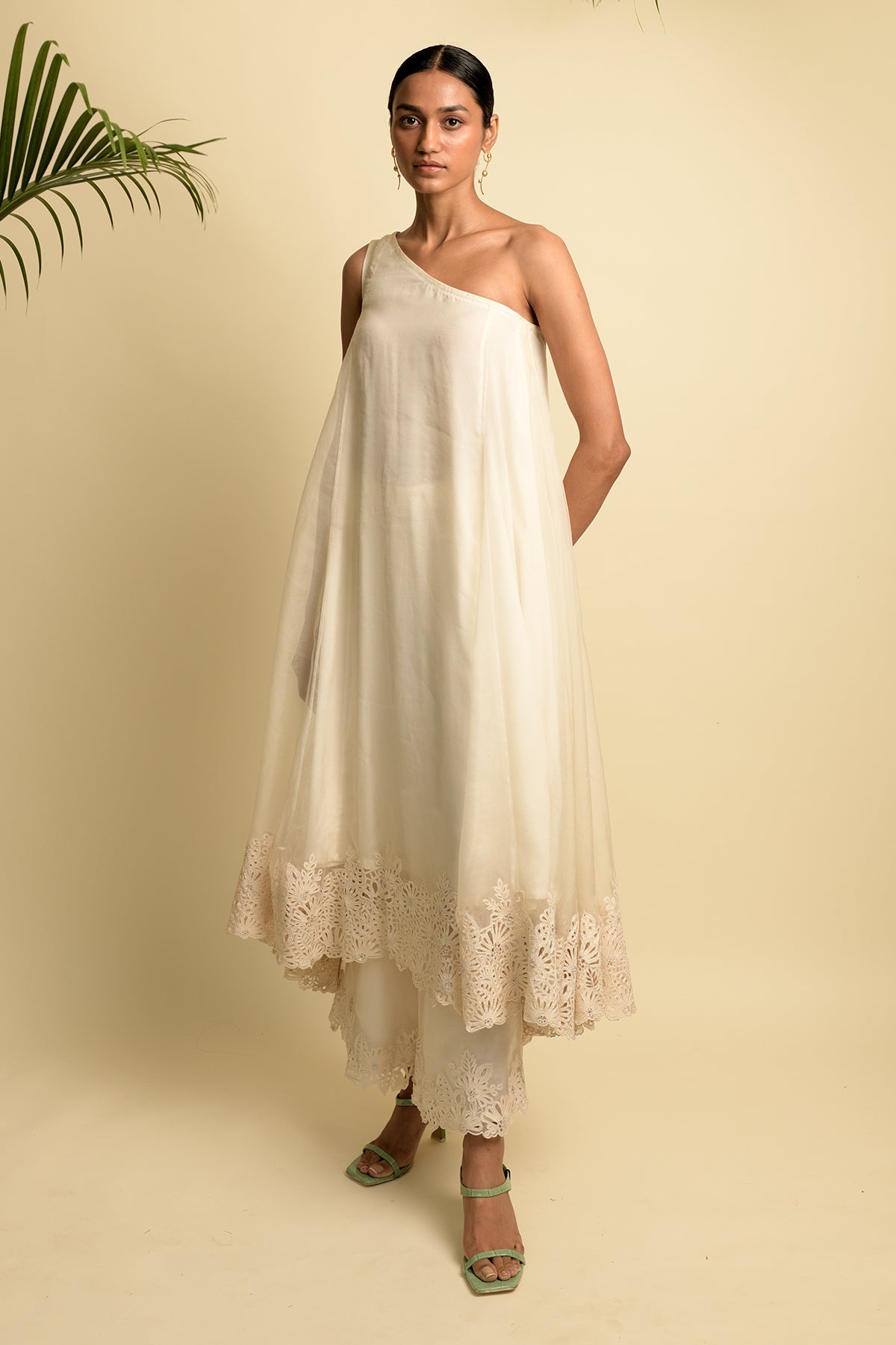 Off Shouldered Anarkali With Creame Embroidery