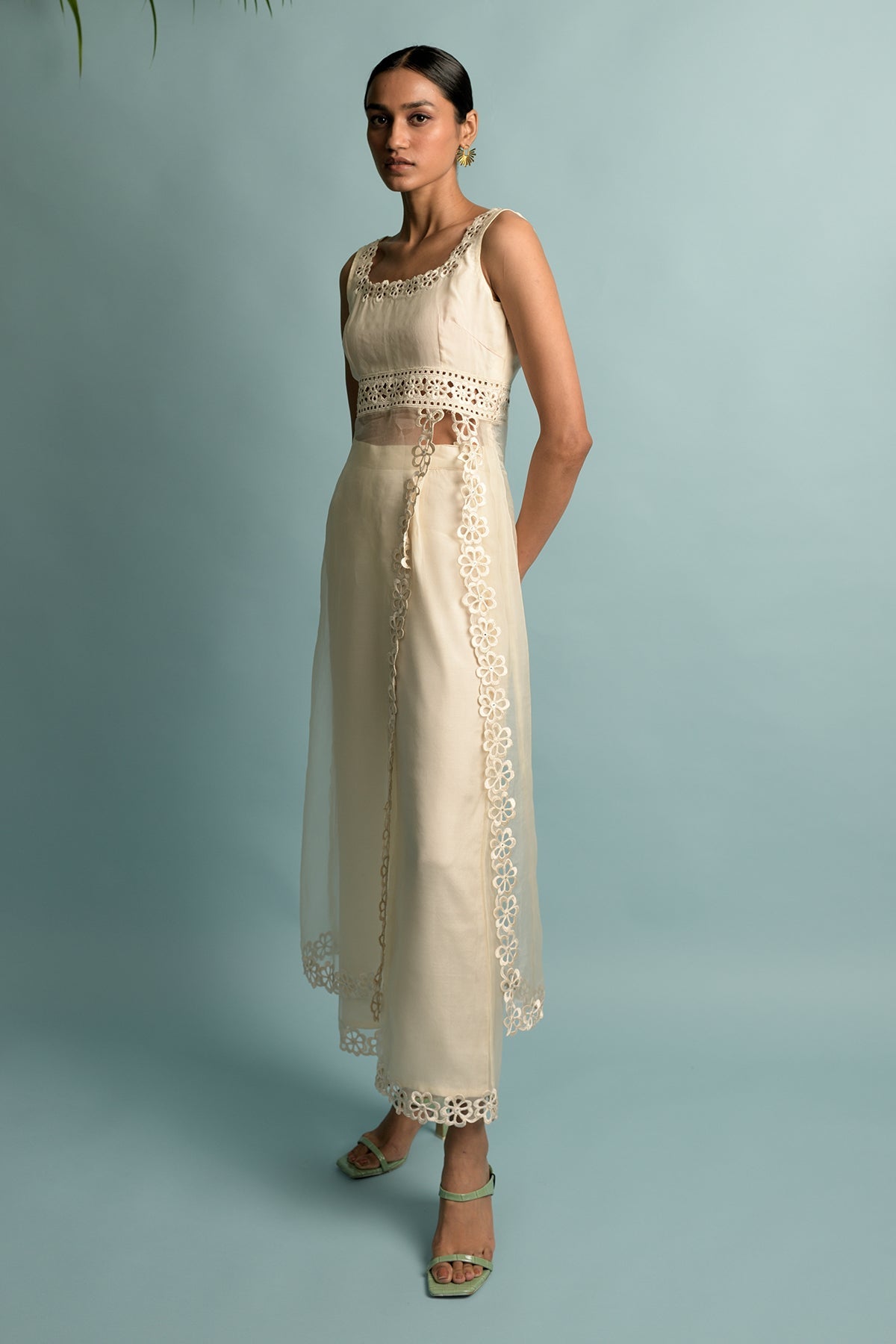 Creame Sheer Front Slit Kurta