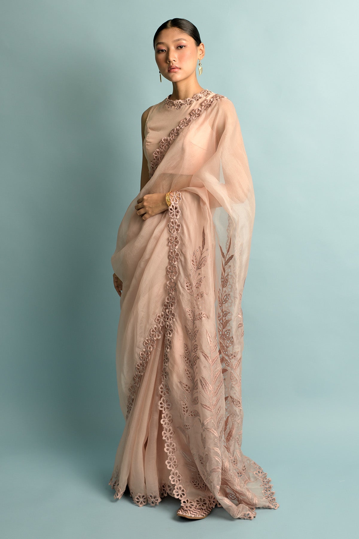 Salmon Pink Organza Saree With Salmon Pink Embroidery