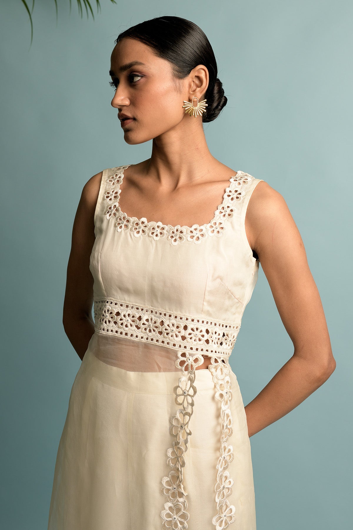 Creame Sheer Front Slit Kurta
