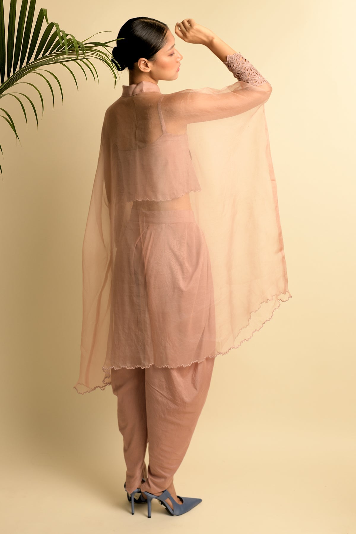 Salmon Pink Sheer Organza Kaftaan Shirt With Light Hydreangea Embroidery
