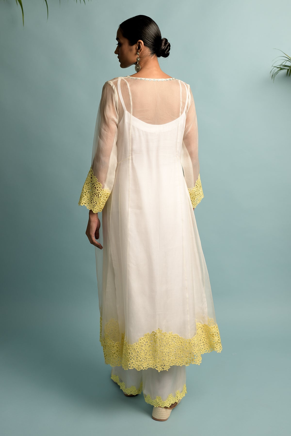 A-line Organza Creame With Yellow Kurta