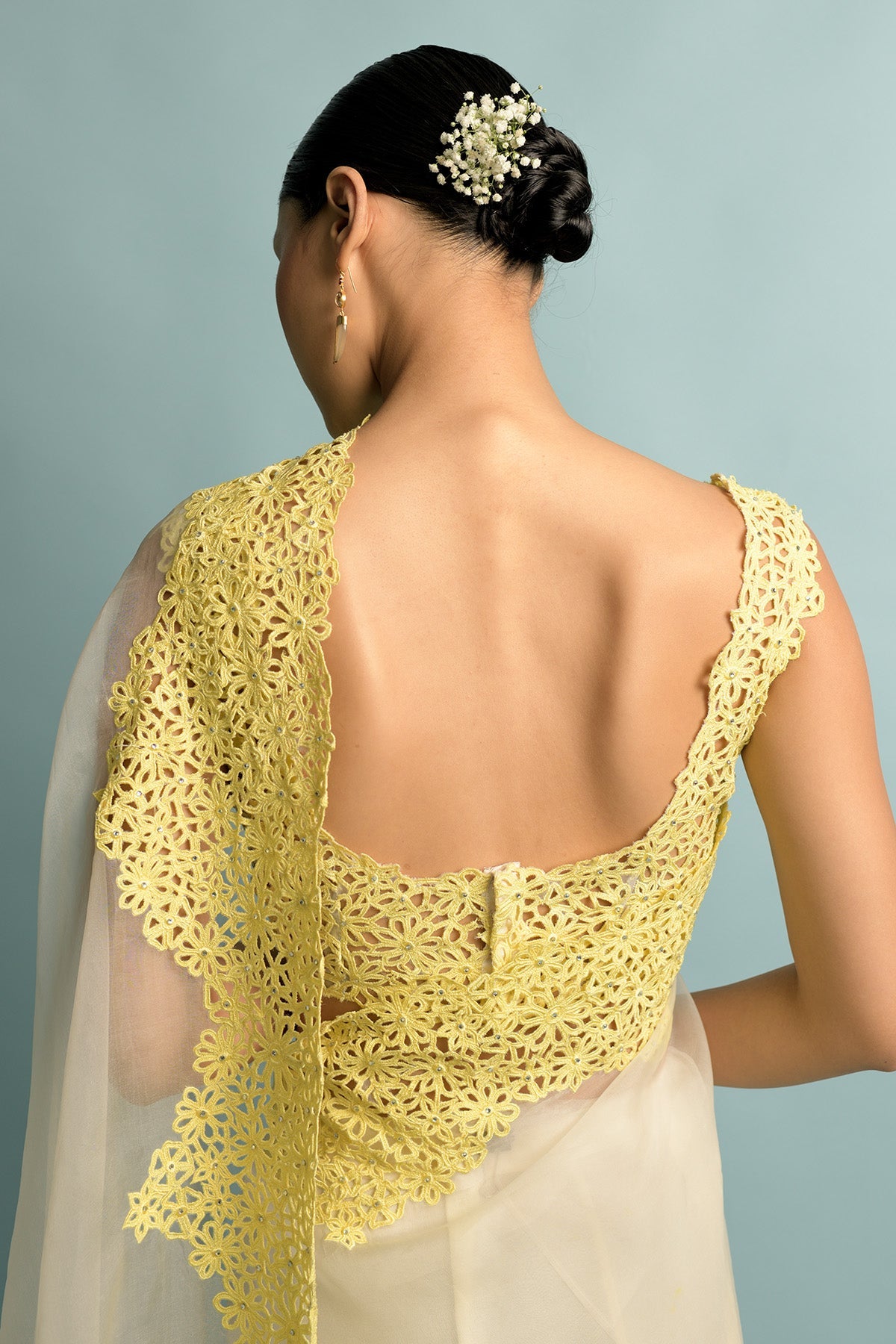 Organza Saree With Hand Cut White With Yellow Embroidered Border