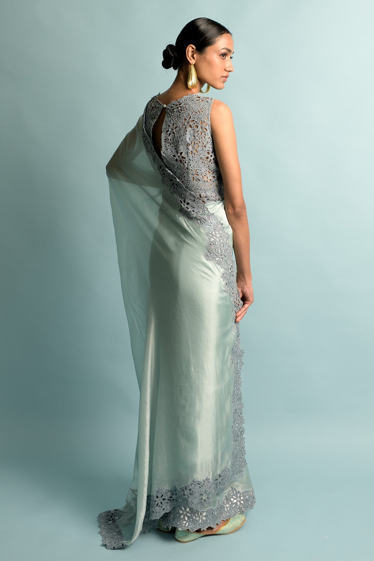 Grey Blue Organza Saree And Blouse Embroidery
