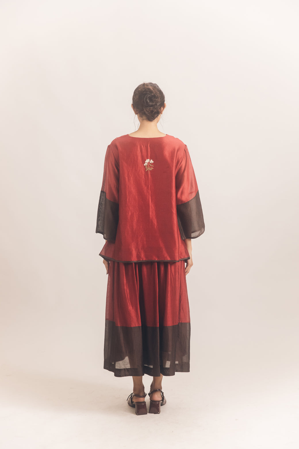 Red brown chanderi skirt set