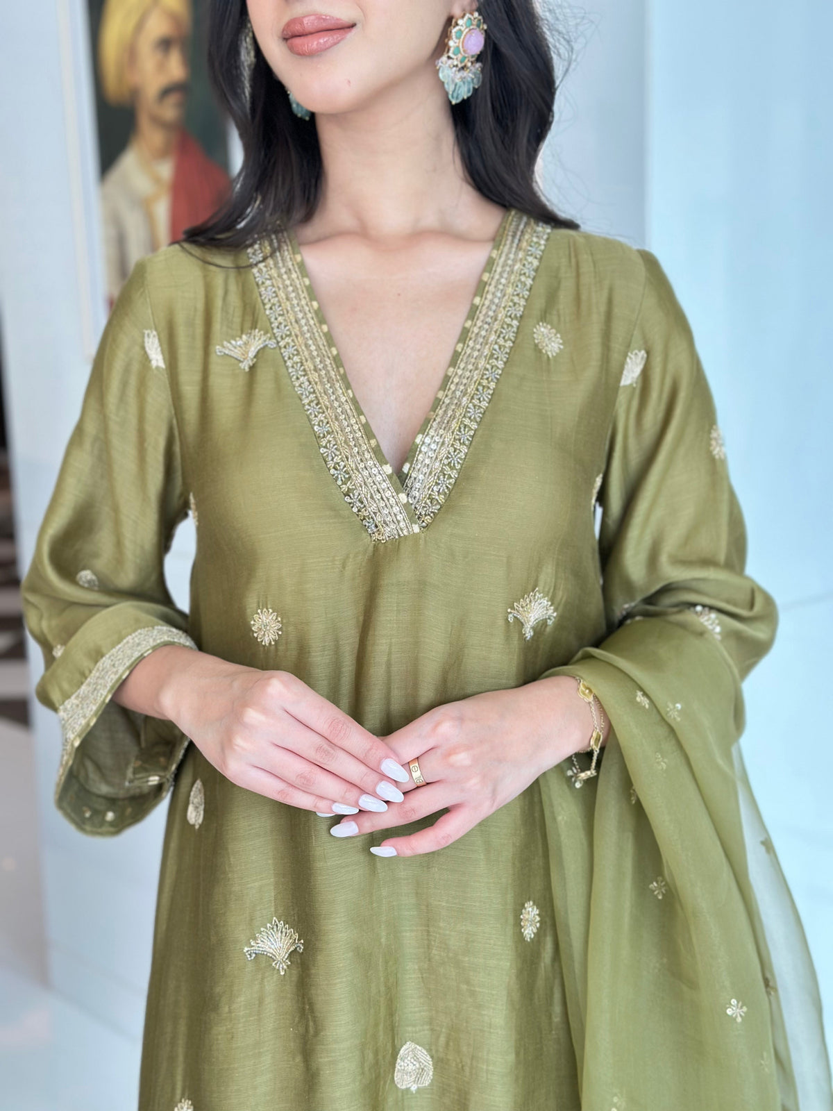 Olive Green Embroidered Suit Set