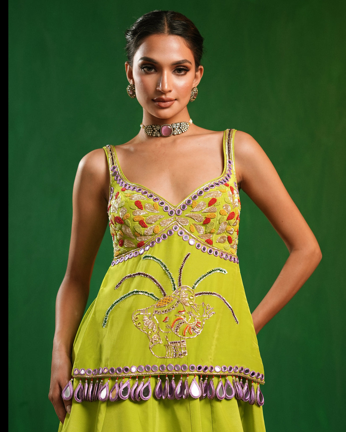 Green Purple Elephant Printed Indo Lehenga Set (Set of 2)