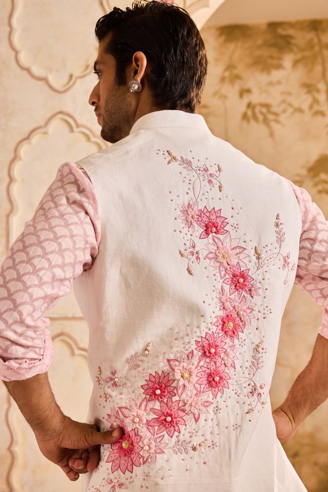 Ivory Floral Bundi Pink Kurta Churidar