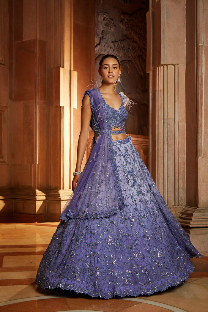 Ink Blue Ombré Organza Choli Dupatta with Worked Belt