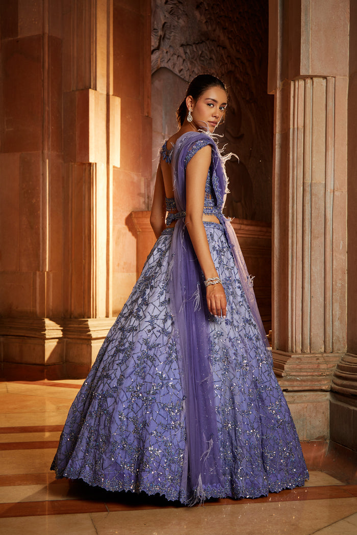 Ink Blue Ombré Organza Choli Dupatta with Worked Belt
