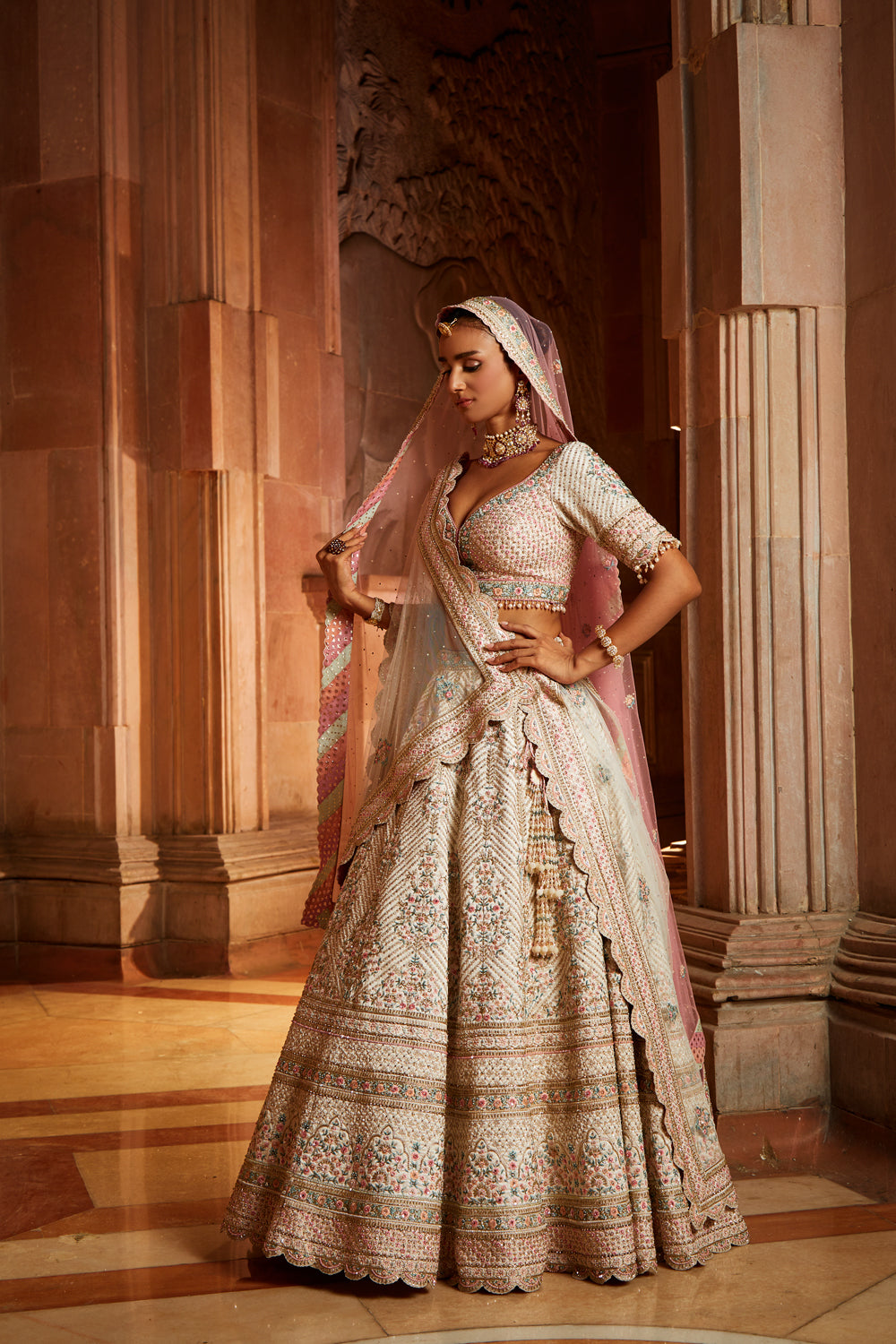 Ivory Tafetta Lehenga Choli Set with Two Tulle Dupattas