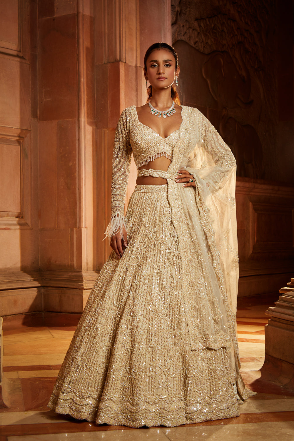 Ivory Tulle Lehenga Choli Dupatta Set with an Optional Veil