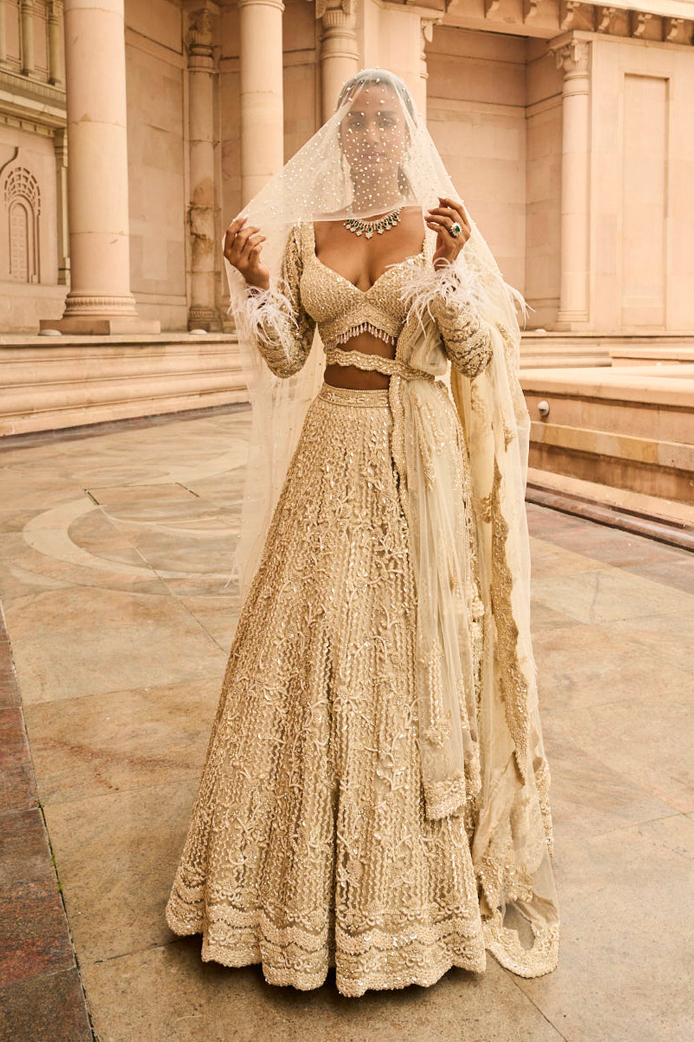 Ivory Tulle Lehenga Choli Dupatta Set with an Optional Veil