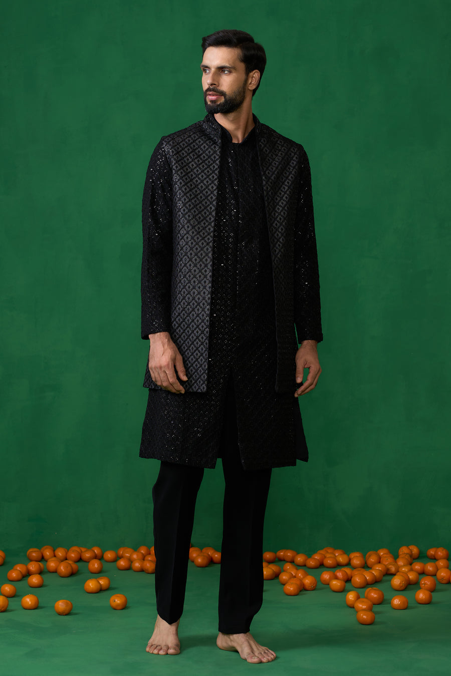 EMBROIDERED BLACK KURTA JACKET SET