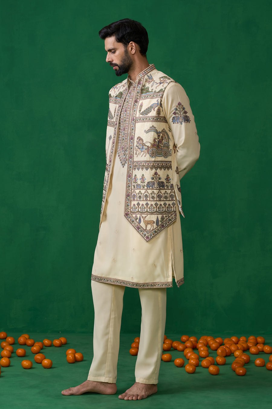 RAMAYAN CREAM KURTA JACKET SET