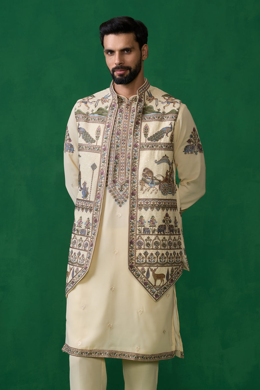 RAMAYAN CREAM KURTA JACKET SET