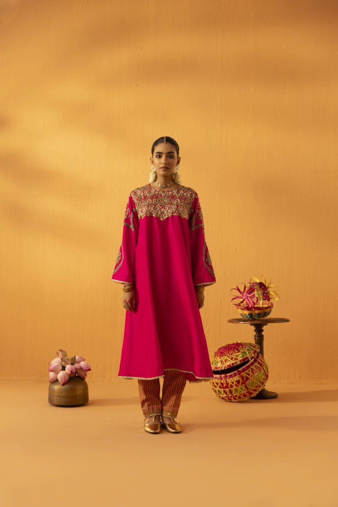 Baagerani rani pink silk embroidered kurta set