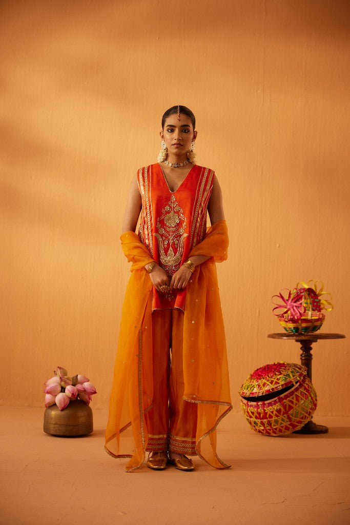 kesarika orange  silk chanderi embroidered kurta set