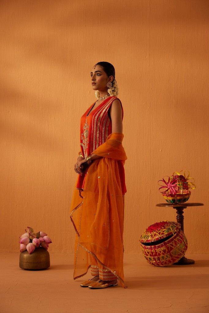 kesarika orange  silk chanderi embroidered kurta set
