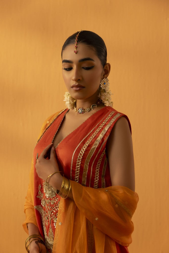 kesarika orange  silk chanderi embroidered kurta set