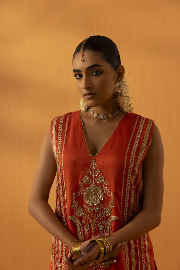 kesarika orange  silk chanderi embroidered kurta set