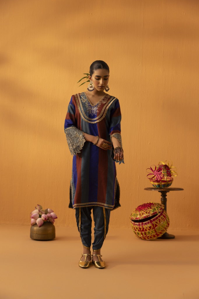 Kamodini blue silk  embroidered kaftan set
