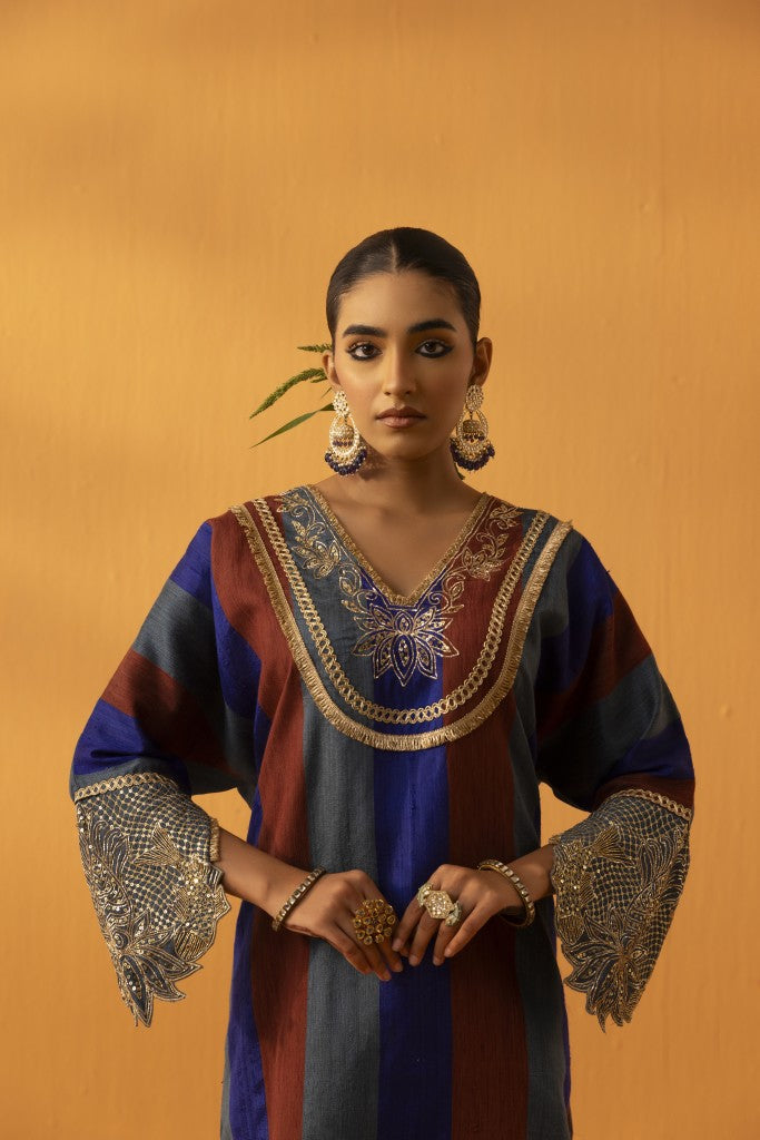 Kamodini blue silk  embroidered kaftan set