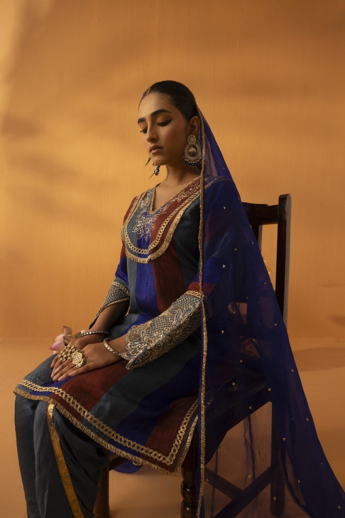 Kamodini blue silk  embroidered kaftan set
