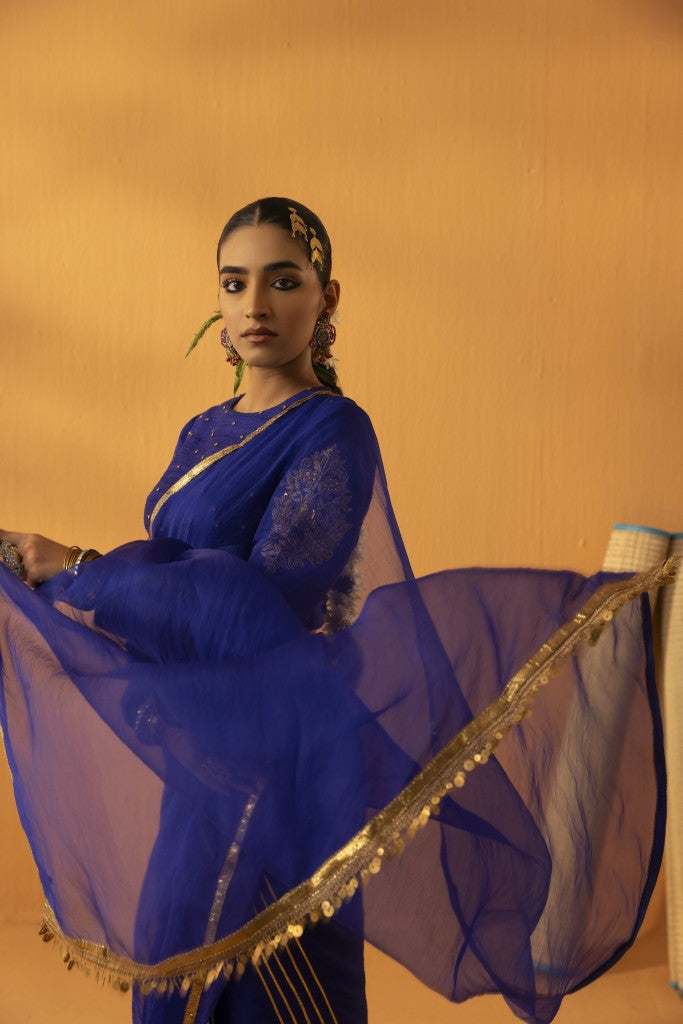 Neeltara magnetic blue embroidered saree set