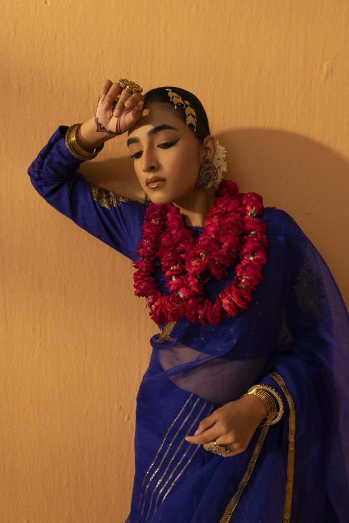 Neeltara magnetic blue embroidered saree set