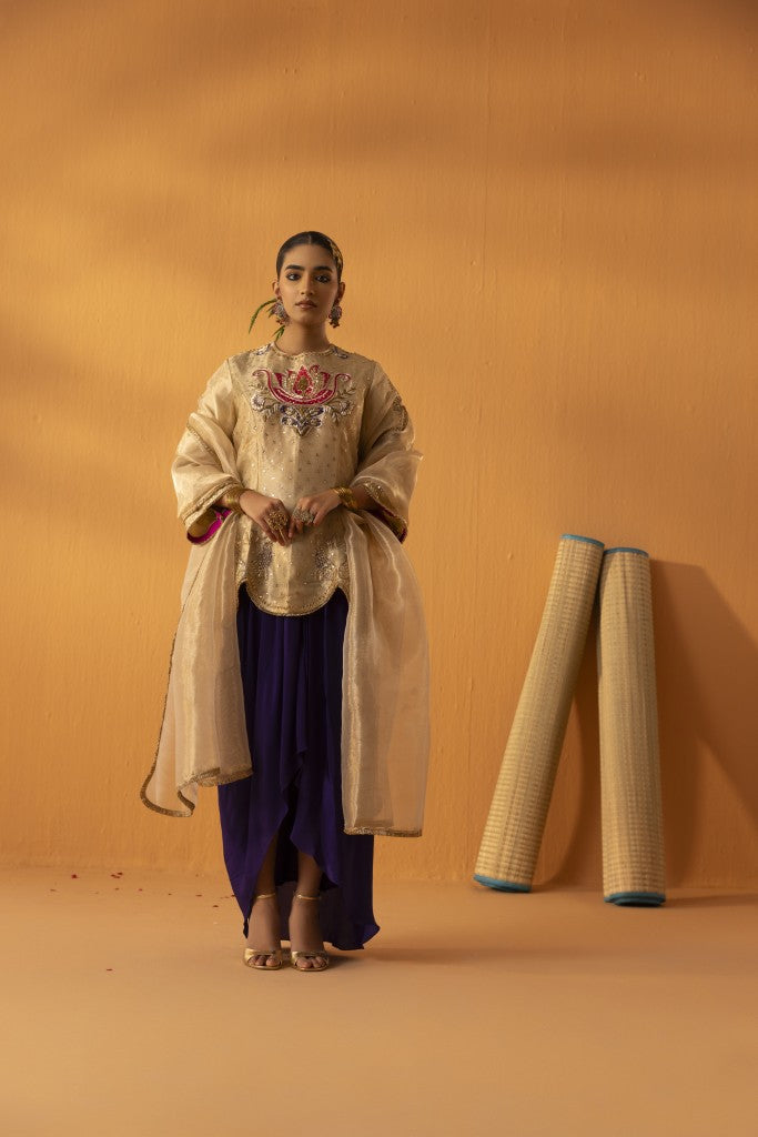 Khudrang gold  embroidered tissue indo- western kurta set