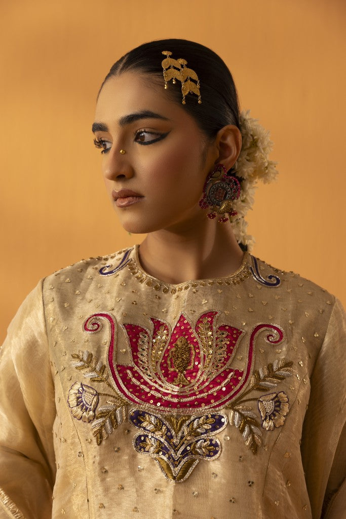 Khudrang gold  embroidered tissue indo- western kurta set